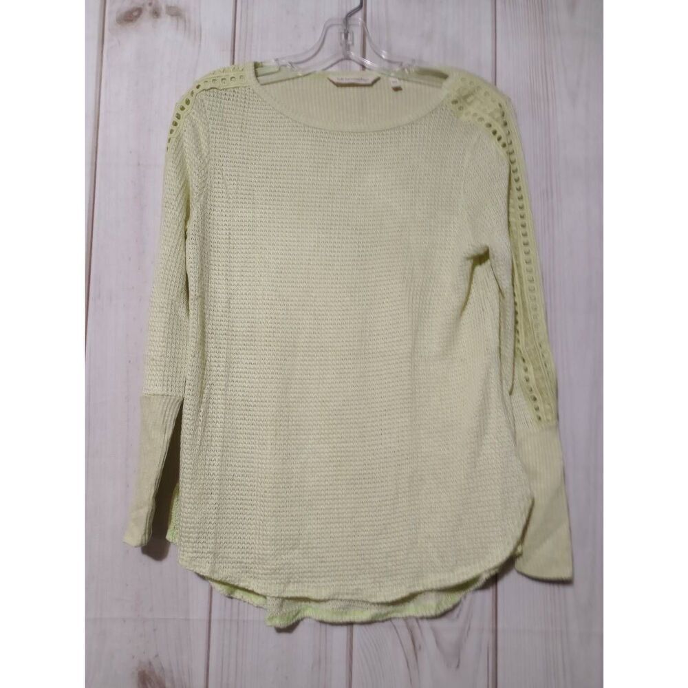Soft Surroundings Lime Green Waffle Knit Eyelet Lace Sweater PXS